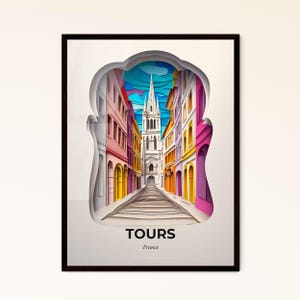Vivid Roads, Frankreich - Scherenschnitt einer Straße mit einer Kirche im Hintergrund – Fine Art Print, individualisierbar