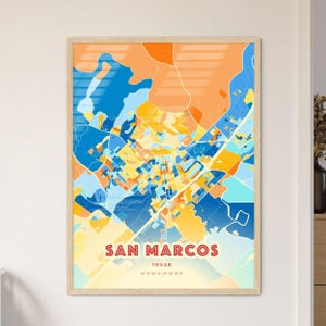 Mapa artístico de colores costeros de San Marcos, Texas. Póster creativo de ciudad natal de San Marcos, EE. UU., en dos tonos. También disponible como descarga digital.