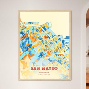 Carte artistique couleurs de la côte de San Mateo en Californie, San Mateo, États-Unis, affiche créative bicolore de la ville natale de San Mateo, cadre ou aluminium dibond