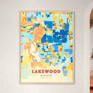 Lakewood-Washington kustkleuren kunstkaart kaart Lakewood Verenigde Staten stadskaart - aanpasbare posterafdruk, ingelijst of aluminiumdibond