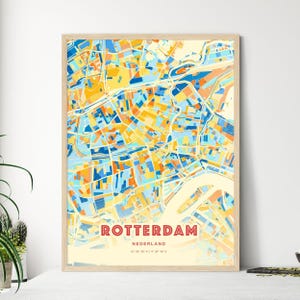 Carte artistique couleurs côtières de Rotterdam Pays-Bas, carte de la ville de Rotterdam, Pays-Bas, affiche personnalisable ou téléchargement numérique