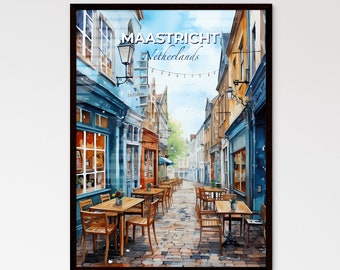 Maastricht, Netherlands, A Poster of a street with tables and chairs. Customisable travel art print, a memorable gift.