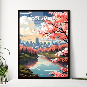 Columbia, South Carolina, a river with pink flowers and trees – Travel Skylines Collection | Customizable
