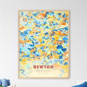 Carte artistique des couleurs côtières de Newton, Massachusetts, Newton Usa, affiche créative bicolore de la ville natale de Newton, également en téléchargement numérique