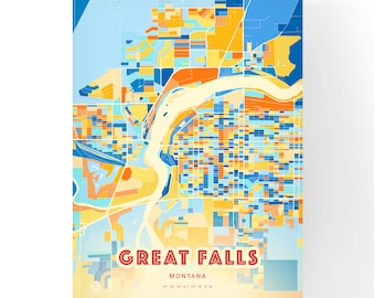 Bunter GREAT FALLS MONTANA Blau Orange Fine Art Print Great Falls USA Stadtplan, ein perfektes Geschenk.