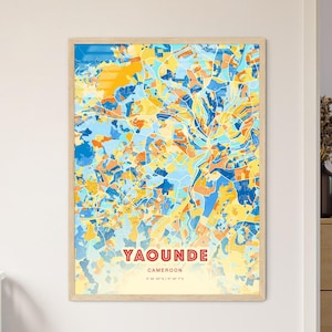 Mapa de arte com cores costeiras de Yaoundé, Camarões, mapa da cidade de Yaoundé, Camarões - pôster personalizável, impressão ou download digital