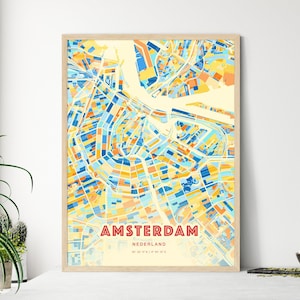Carte artistique d'Amsterdam Pays-Bas couleurs côtières, carte de la ville d'Amsterdam Nederland - impression poster personnalisable ou téléchargement numérique