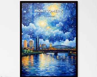 Montgomery, Alabama, A Poster of a bridge over a river with a city in the background. Customisable travel art print, a memorable gift.