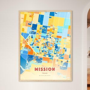 Carte artistique couleurs côtières de Mission Texas, affiche créative bicolore de ville natale de Mission Usa, également en téléchargement numérique