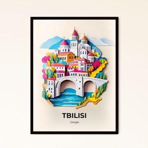 Das lebhafte Tbilisi, Georgien - Scherenschnitt einer Stadt mit einer Brücke – Fine Art Print, individualisierbar