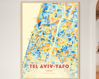Colorful TEL AVIV-YAFO Israel Blue Orange Fine Art Print, Tel Aviv-Yafo Israel City Map, a perfect gift.