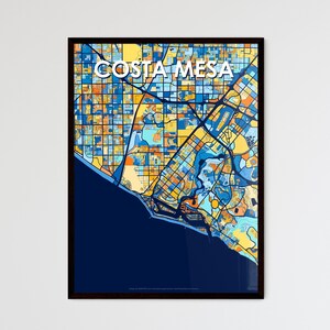 Affiche de carte artistique Costa Mesa, Californie, décoration murale vibrante, colorée et unique pour la maison, cadeau personnalisable parfait !