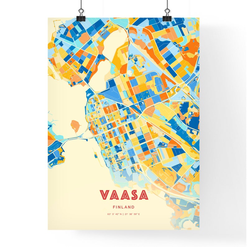 Colorful VAASA FINLAND Blue Orange Fine Art Print, Vaasa Finland City Map, a perfect gift. image 2
