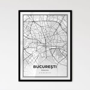 Bucarest, Rumanía - Mapa de la ciudad de estilo escandinavo para decoración moderna del hogar - Póster en blanco y negro
