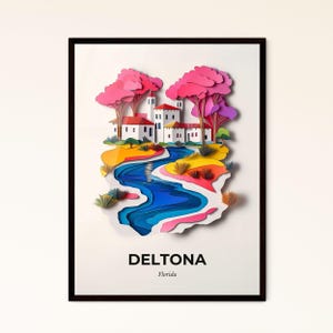 Vivid Deltona, Florida - un ritaglio di carta di una piccola città con un fiume - Stampa Fine Art, personalizzabile