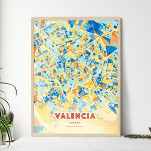 Mapa de arte com cores costeiras de Valência, Espanha, mapa da cidade de Valência, Espanha - pôster personalizável, impressão ou download digital