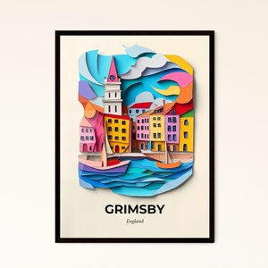 Vivid Grimsby, Angleterre - une ville avec une tour d'horloge en papier découpé - Impression d'art, personnalisable
