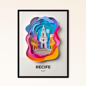 Vivid Recife, Brasilien - Scherenschnitt eines Kirchturms mit Treppe – Fine Art Print, personalisierbar