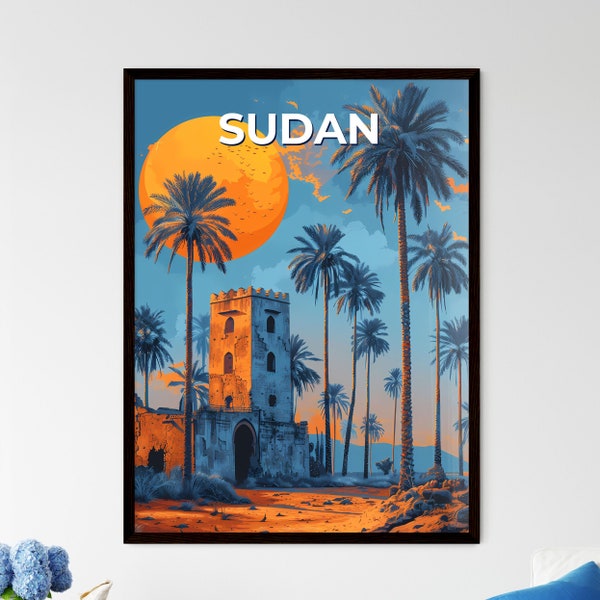 Sudan, Africa - Palm Tree and Tower Painting, Vibrant Art, African Culture, Travel, Souvenirs – Travel Destinations | AI Art High-Res Print