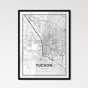 Tucson Arizona - Stadtplan im Skandinavischen Stil für das moderne Wohndekor - schwarz weiß Poster