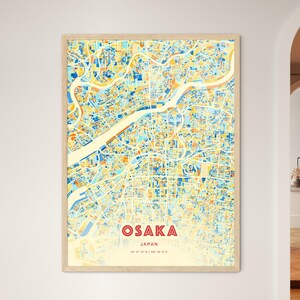 Carte artistique couleurs côtières d'Osaka au Japon, carte de la ville d'Osaka au Japon - impression poster personnalisable ou téléchargement numérique