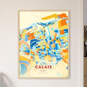 Carte artistique de Calais France couleurs côtières, carte de la ville de Calais France - affiche personnalisable impression ou téléchargement numérique