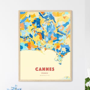 Carte artistique de Cannes France couleurs côtières, carte de la ville de Cannes France - affiche personnalisable ou téléchargement numérique