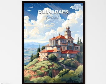 Guimaraes, Portugal, A Poster of a building on a hill. Customisable travel art print, a memorable gift.