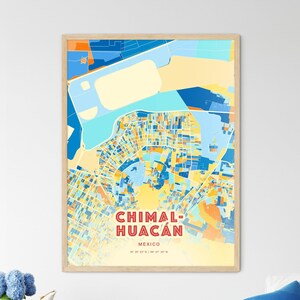 Mapa artístico de colores costeros de Chimalhuacán, México. Mapa de la Ciudad de Chimalhuacán, México: impresión de póster personalizable, enmarcada o dibond de aluminio.