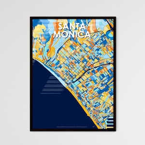 Santa Monica Art, California Map, Vibrant Wall Decor, Coastal Cityscape Print, Personalized Gift, Colorful Home Design Poster