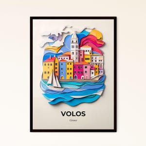Vivid Volos, Grecia - una stampa ritagliata su carta di una città con una barca a vela - Stampa Fine Art, personalizzabile