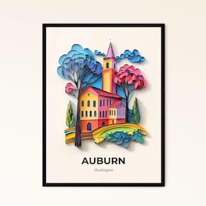 Vivid Auburn, Washington - bunter Scherenschnitt einer Kirche unter Bäumen – Fine Art Print, personalisierbar