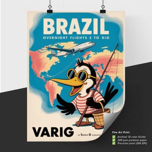 Vintage Travel Poster: Experience Brazil with Varig's Overnight Flights to Rio, Featuring a Cheerful Cartoon Penguin.