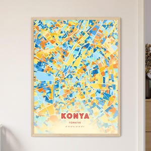 Impresión artística en azul y naranja de Konya, Turquía. Mapa de la ciudad de Konya, Turquía. Impresión de póster personalizable, enmarcada o en dibond de aluminio.