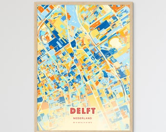 Colorful  DELFT NETHERLANDS Blue Orange Fine Art Print, Delft Nederland City Map, a perfect gift.