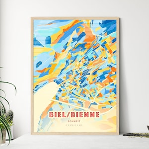 Carte artistique couleurs côtières de Bienne/Bienne Suisse, carte de la ville de Bienne/Bienne Suisse - affiche personnalisable ou téléchargement numérique