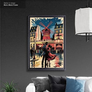 Moulin Rouge - Romantyczna scena w Moulin Rouge. Inspirowane reklamą vintage. Dostępne plakaty w ramkach i na płótnie.