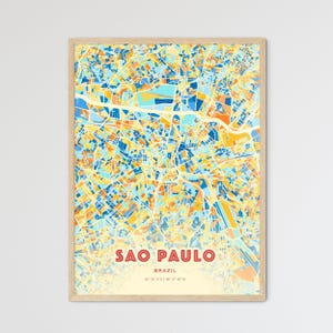 Mapa artístico de colores de la costa de São Paulo, Brasil. Mapa de la ciudad de São Paulo, Brasil: póster personalizable, impresión o descarga digital.