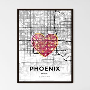 Carte artistique minimaliste de Phoenix, Arizona avec icône colorée - Choisissez l'un des trois styles proposés - Poster personnalisable, cadeau personnalisé