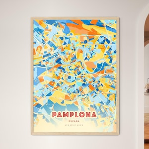 Carte d'art de couleurs côtières de Pampelune en Espagne, carte de la ville de Pampelune en Espagne - impression poster personnalisable ou téléchargement numérique