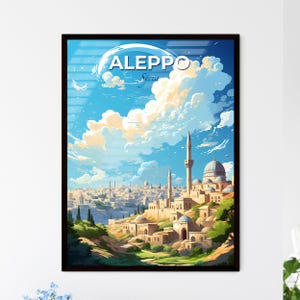 Horizonte de Alepo, Siria: una ciudad con torres y torres en una colina – Colección de horizontes de viajes / Personalizable