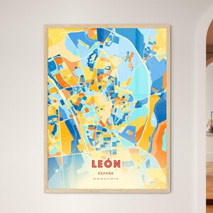 Carte artistique de León Espagne couleurs côtières, plan de la ville de León España - impression poster personnalisable ou téléchargement numérique