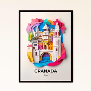 Vivid Granada, Spagna - ritaglio di carta di una città con un ponte - Stampa Fine Art, personalizzabile