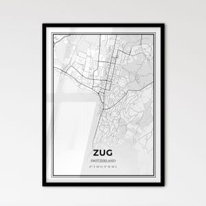 Zoug, Suisse - Plan de la ville de style scandinave pour une décoration intérieure moderne - Poster en noir et blanc