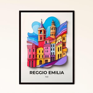 Reggio Emilia, Italie - une ville colorée avec une tour d'horloge au sommet - Impression d'art, personnalisable