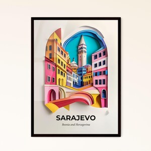 Sarajevo, Bosnien und Herzegowina - ein Scherenschnitt einer Stadt mit Uhrenturm – Fine Art Print, personalisierbar