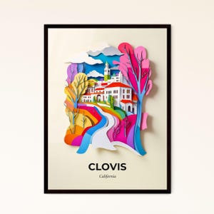 Vivid Clovis, Kalifornien - Scherenschnitt einer Stadt an einem Fluss – Fine Art Print, individualisierbar