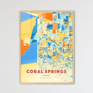 Mappa artistica dei colori costieri di Coral Springs, Florida, mappa della città di Coral Springs, USA - Stampa poster personalizzabile o download digitale