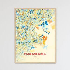 Carte artistique couleurs côtières de Yokohama au Japon, carte de la ville de Yokohama au Japon - impression poster personnalisable ou téléchargement numérique