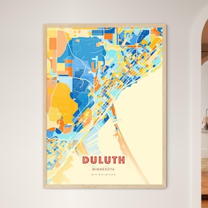 Carte artistique Duluth Minnesota couleurs côtières, affiche créative bicolore de la ville natale de Duluth Usa, également en téléchargement numérique